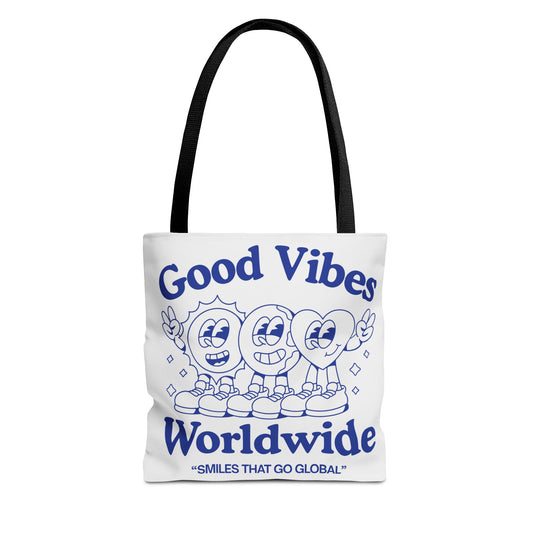 Good Vibes Worldwide Tote Bag, Reusable Grocery Tote, Fun Beach Bag, Travel Essentials, Gift for Friends
