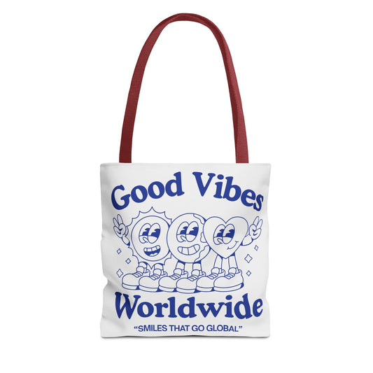 Good Vibes Worldwide Tote Bag, Reusable Grocery Tote, Fun Beach Bag, Travel Essentials, Gift for Friends